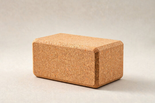 Cork yoga block on a pale studio surface with copy space
