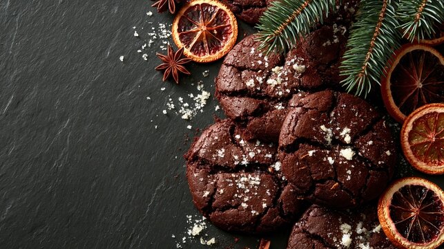 homemade dark chocolate cookies with cracked surfaces and scattered coarse white sugar crystals,  a dark charcoal background