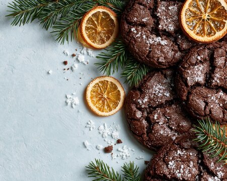 flat lay of dark chocolate cookies with cracked surfaces 