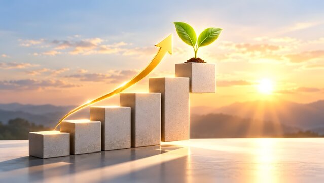 Environmental social governance ESG concept showing business progress with floating steps growing plant and upward arrow at sunrise