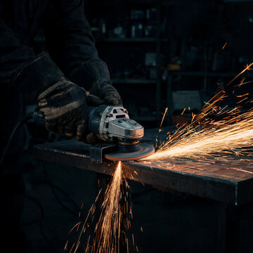 Sparks flying from an angle grinder cutting metal in a workshop