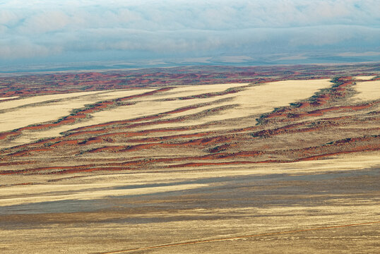 View of arid Namib desert landscape with linear red sand dunes and pale sandy plains