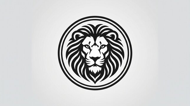 Minimalist lion head logo illustration, black and white lion face emblem in a circle, majestic animal mascot for branding and sports