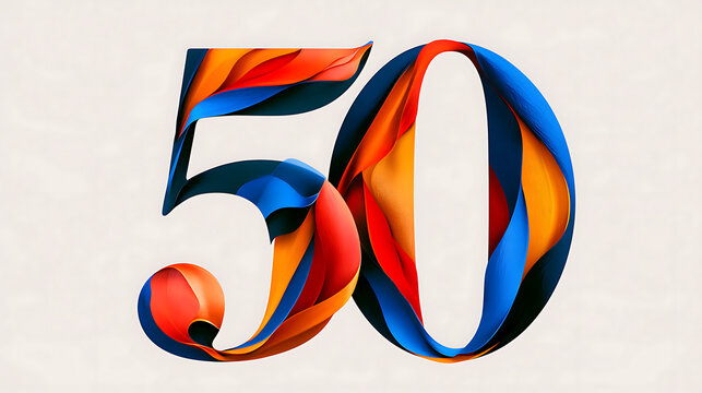 Colorful artistic number 50 made of flowing blue, orange and red ribbons on a minimalist background, symbolizing milestone birthday, anniversary, maturity and new beginnings.
