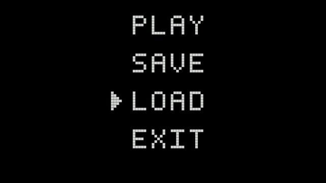 Retro Video Game Menu Screen with Play Save Load Exit Options.