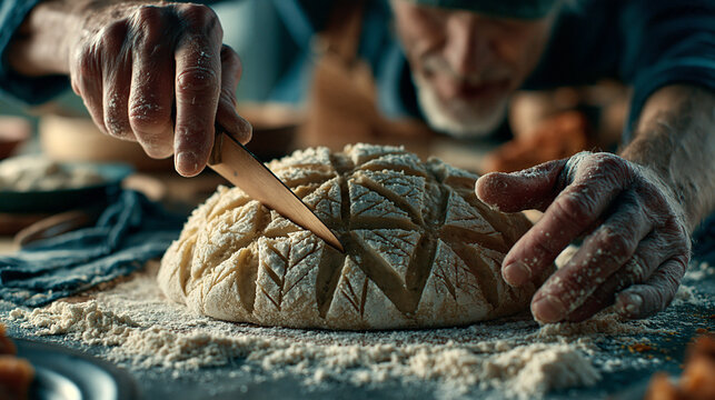 Baker scoring a rustic sourdough loaf on a flour dusted wooden workbench