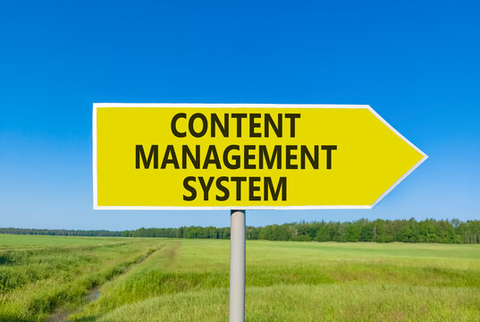 Content management system symbol. Concept words Content management system on beautiful yellow road sign. Beautiful blue sky grass background. Business content management system concept. Copy space.