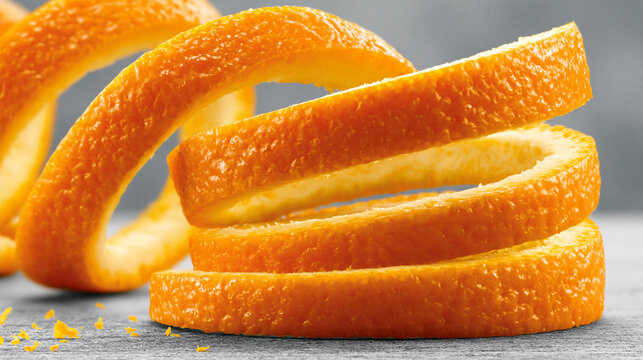 Fresh orange zest spirals curled on a rustic wooden table surface with citrus peel