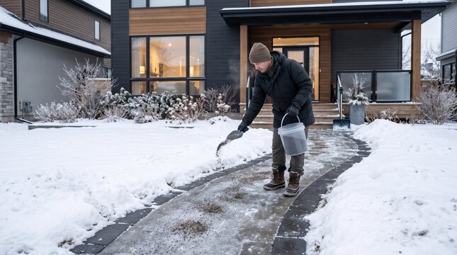 Person wearing winter clothing spreading grit over a snowy walkway beside a modern residential house on a winter morning. Winter home activities and seasonal household maintenance concept