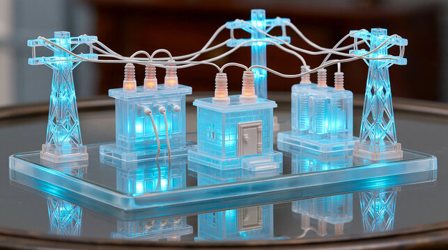 Miniature glass electrical substation glowing with blue light