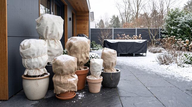 Snow covered potted plants wrapped in protective fabric beside a modern home entrance and patio during a quiet winter garden scene. Winter home activities and seasonal household maintenance concept