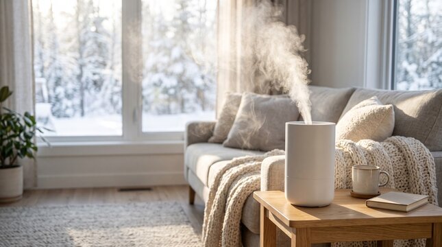 White ceramic humidifier releasing mist beside a cozy sofa, knitted blanket, cup, and books in a bright snowy window interior. Winter home activities and seasonal household maintenance concept