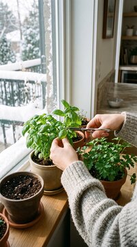 Person tending leafy potted herbs on a wooden windowsill beside a snowy balcony and bright home interior in winter lifestyle. Winter home activities and seasonal household maintenance concept