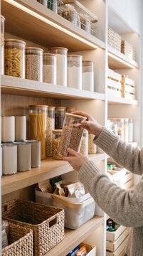 Person in knit sleeves holding a clear jar of dry grains beside organized pantry shelves with containers and woven baskets indoors. Winter home activities and seasonal household maintenance concept