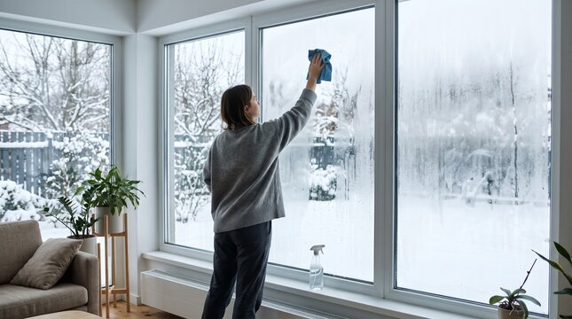 Woman wiping condensation from a large windows with blue cloth beside spray bottle in bright modern home. Winter home activities and seasonal household maintenance concept