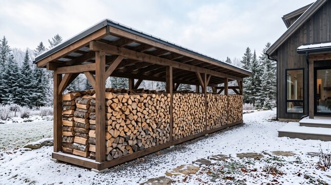 Wooden firewood shelter filled with neatly stacked split logs beside a modern house in a snowy evergreen residential landscape. Winter home activities and seasonal household maintenance concept