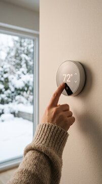 Hand adjusting a round wall thermostat displaying 72 degrees beside a snowy window in a cozy indoor home setting during winter. Winter home activities and seasonal household maintenance concept