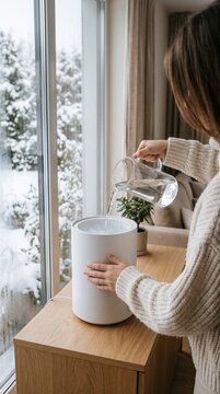 Woman in a cozy cream knit sweater pouring water into a white humidifier beside a snowy window and wooden cabinet indoors. Winter home activities and seasonal household maintenance concept