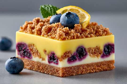 Square piece of blueberry lemon crumble cake topped with fresh berries and citrus