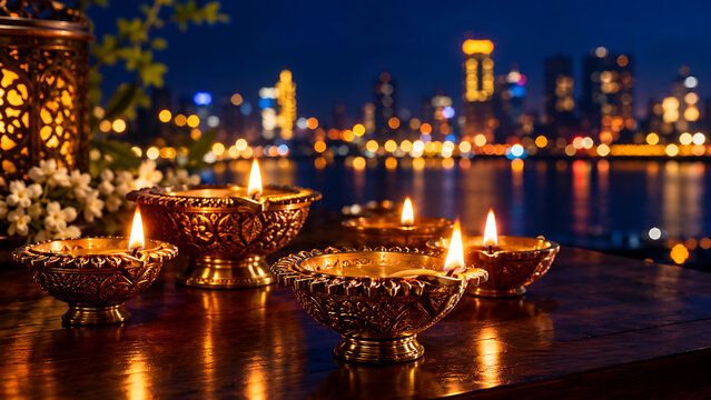 Beautiful brass oil lamps glowing during happy diwali and deepavali festival of lights overlooking city skyline celebrating traditional hindu kali puja night