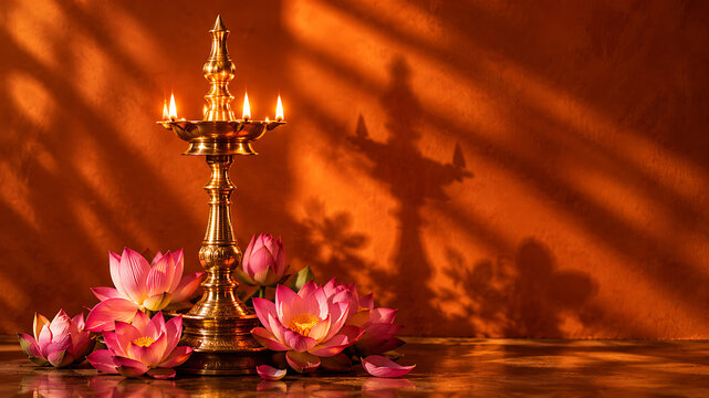 Happy diwali and deepavali festival of lights tall golden brass lamp shining bright beside pink lotus flowers for auspicious holy kali puja