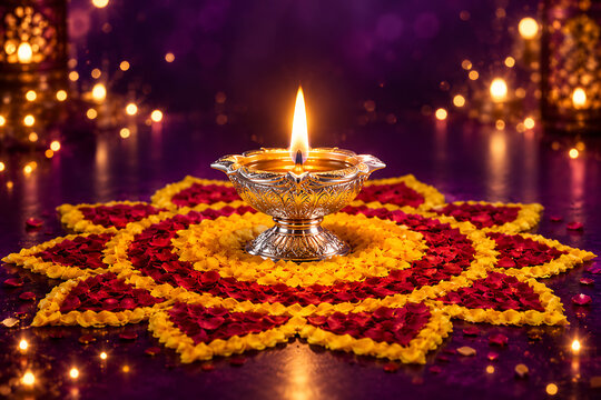 Happy diwali and deepavali festival of lights glowing silver lamp placed over beautiful floral rangoli design celebrating the vibrant night kali puja