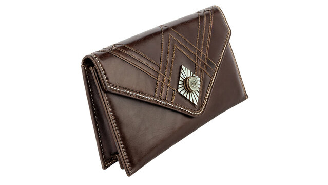 Vintage textured brown leather envelope wallet purse isolated on transparent background