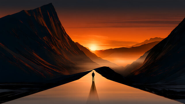 Solitary businessman standing on an illuminated road between towering dark mountains at dramatic orange sunset, symbolizing leadership, determination, overcoming challenges, personal growth and journe