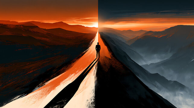Solitary businessman standing on a narrow illuminated road between contrasting mountain landscapes at sunset, symbolizing strategic decisions, uncertainty, leadership, personal growth and the path to 