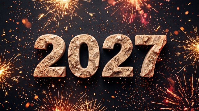 Silver 2027 numbers welcome 2027 ,bursts of fiery gold and red fireworks against a dark background.,dramatic New Year celebration concept featuring large