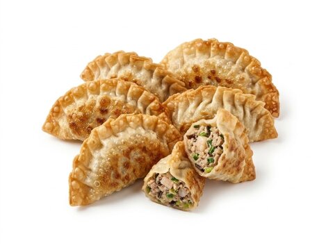 Authentic Vietnamese Chinese Teochew crispy pan-fried dumplings featuring crescent-shaped golden pastry with folded edges, minced pork, shrimp, mushrooms, and vegetables with a blistered crispy skin 