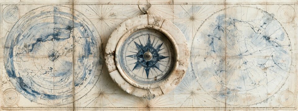 Antique maritime navigation chart with compass and celestial illustrations perfect for historical study and maritime exploration