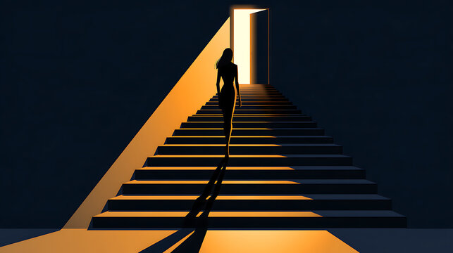 Minimalist conceptual illustration of a businesswoman standing on stairs toward a bright open door, symbolizing career advancement, ambition, professional success, new opportunities and personal growt