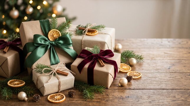 Beautifully wrapped Christmas gifts with natural kraft paper, burgundy ribbons and evergreen branches. Elegant festive gift packaging concept.