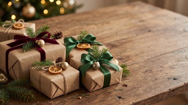 Beautifully wrapped Christmas gifts with natural kraft paper, burgundy ribbons and evergreen branches. Elegant festive gift packaging concept.
