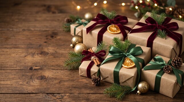 Beautifully wrapped Christmas gifts with natural kraft paper, burgundy ribbons and evergreen branches. Elegant festive gift packaging concept.