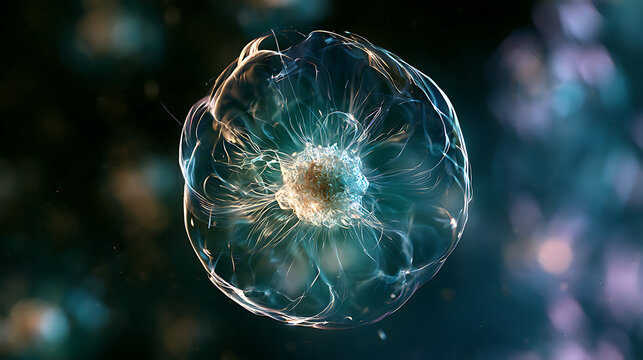 Futuristic 3D visualization of a transparent biological cell with glowing nucleus and intricate internal structures, representing cellular biology, biotechnology, microscopic research, medical science
