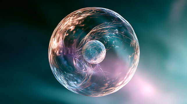A 3D visualization of a transparent biological cell with a luminous nucleus and complex internal structures, reflecting topics in cell biology, biotechnology, microscopy, medical science, and innovati