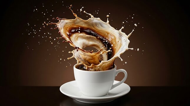 Coffee splash with milk in a white cup on a dark background