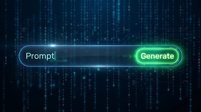 Digital search bar with prompt text input and glowing green generate button