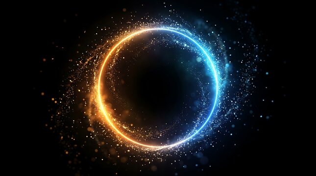 Glowing orange and blue light ring with particles on a dark black background