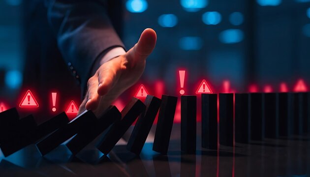 Businessman hand stopping falling black dominoes with red warning icons to prevent financial crisis or business failure