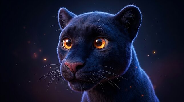 Black panther portrait with glowing orange eyes in the dark