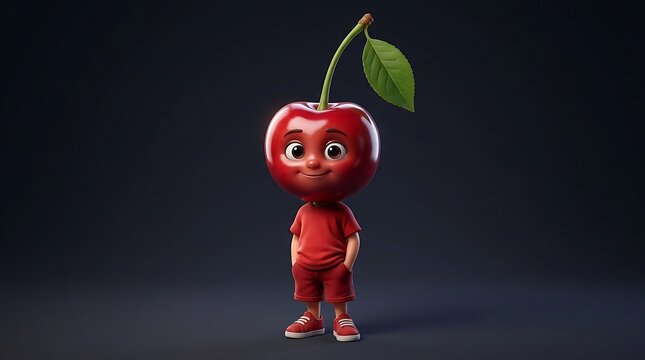 Cute cartoon character with a red cherry head standing on a dark background