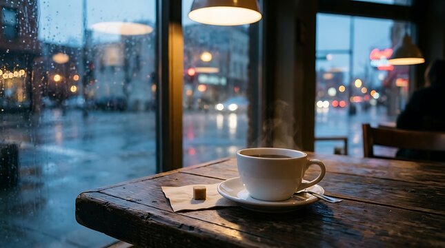 Hot cup of coffee on a table inside a cozy cafe at night