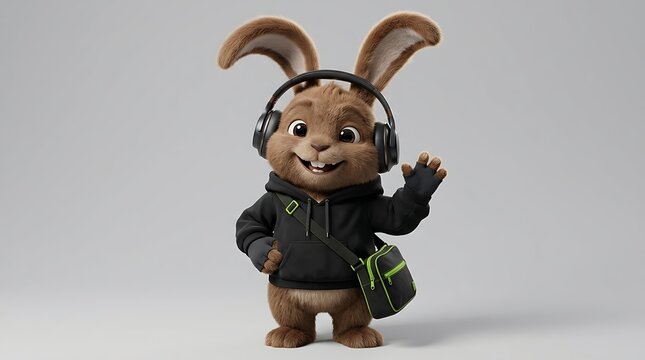 Cute brown rabbit character wearing a black hoodie and headphones waving hand