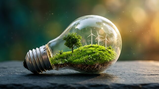 Small green landscape with wind turbines inside a glowing light bulb