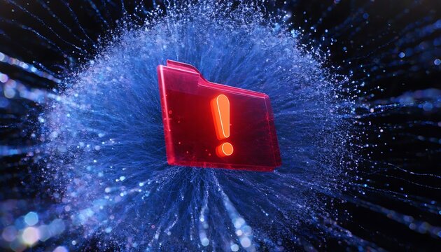 Red translucent digital folder with exclamation mark icon floating inside a blue glowing particle explosion on dark background
