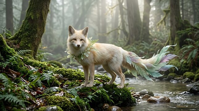 Beautiful white fox standing on a mossy rock in a misty green forest
