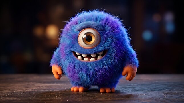 Cute blue furry monster with one big eye and happy smile